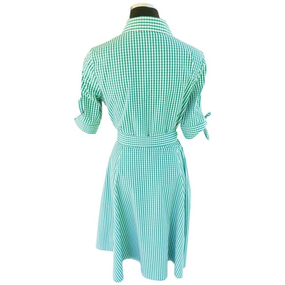 CALVIN KLEIN Shirt Dress Size 6 Green Gingham Check A-Line Belted Preppy Cottage - Picture 8 of 14